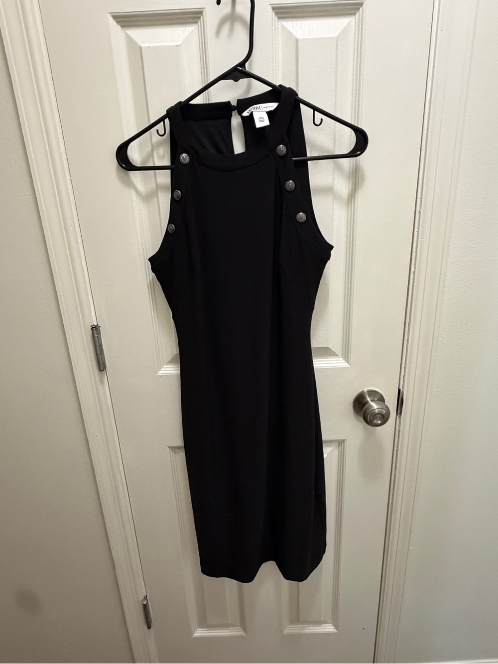 White House Black Market Black Sleeveless Sheath Dress with Button Accent